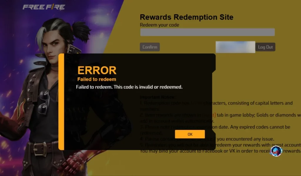 Error message on Free Fire rewards redemption site, highlighting issues with invalid or redeemed codes during the process.