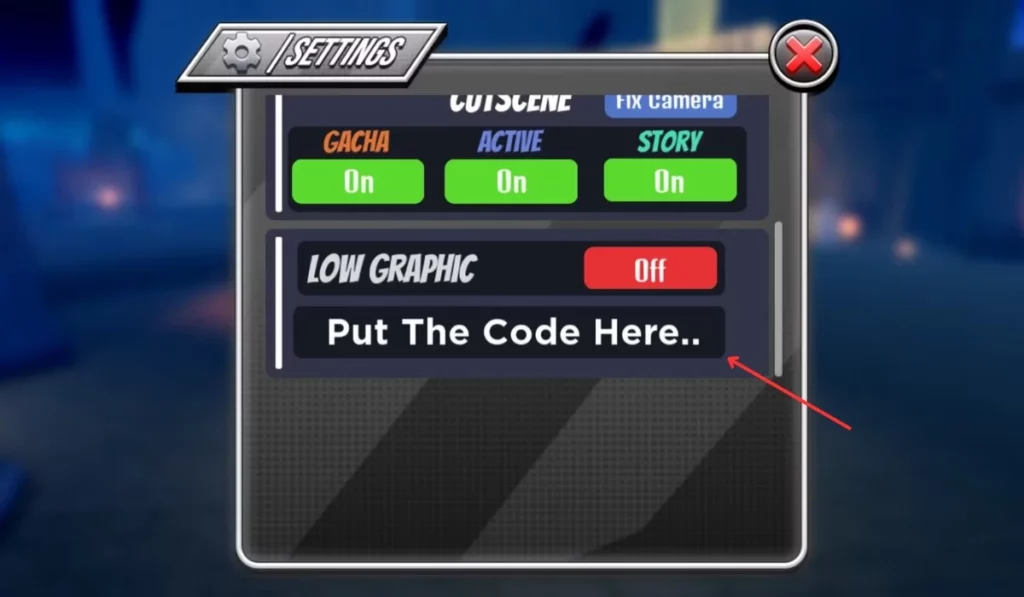 Anime World Tower Defense redeem section in Roblox, showing the 'Put The Code Here' box in the settings menu.