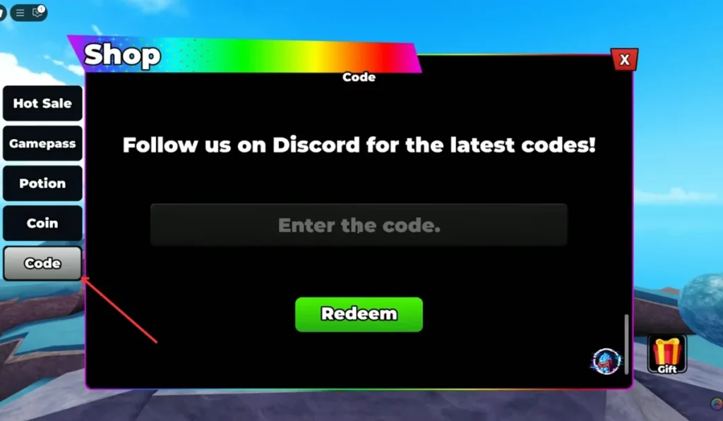 Anime RNG TD redeem section in Roblox showing code input box and redeem button for claiming free rewards easily.