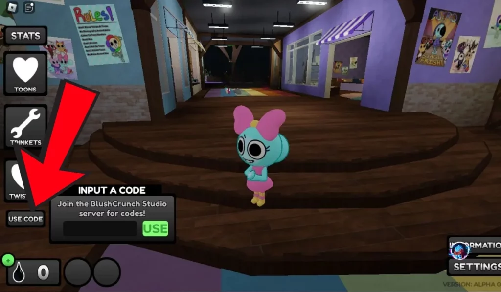 Dandy’s World redeem section showing the 'Use Code' option and input box for entering Roblox game codes easily.