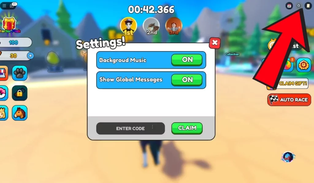 Horse Race redeem section in Roblox showing the settings menu with a code input box and claim button for free rewards.