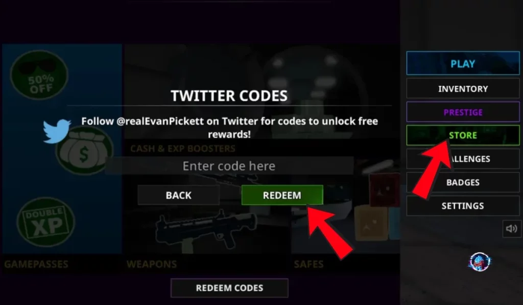 Roblox Notoriety redeem screen showing the 'Store' button and 'Redeem' section for entering active codes.