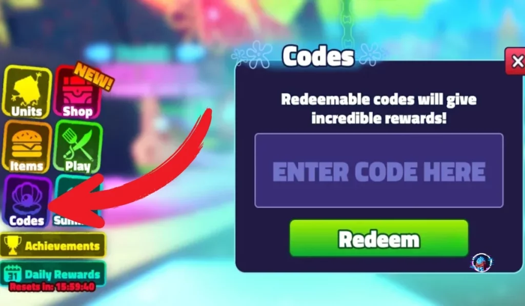 Redeem section in Spongebob Tower Defense showing code input box and rewards info to help players earn gems and XP boosts easily.