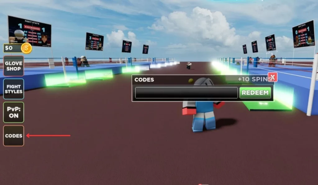 Roblox redeem section showing the 'Codes' button and input box for redeeming spins and rewards in the game interface.