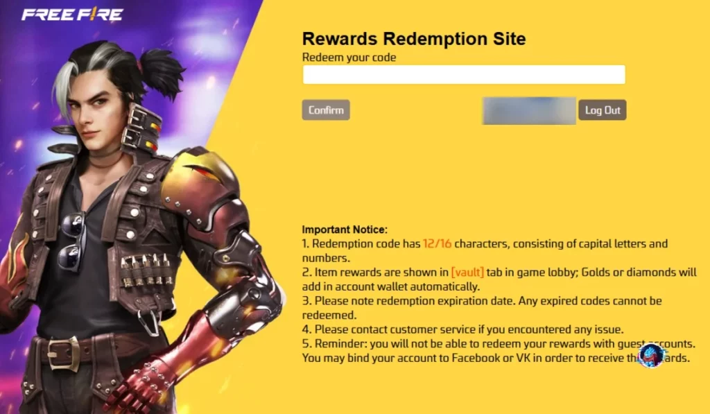 Free Fire rewards redemption site interface showing code entry box and important redemption instructions for users.