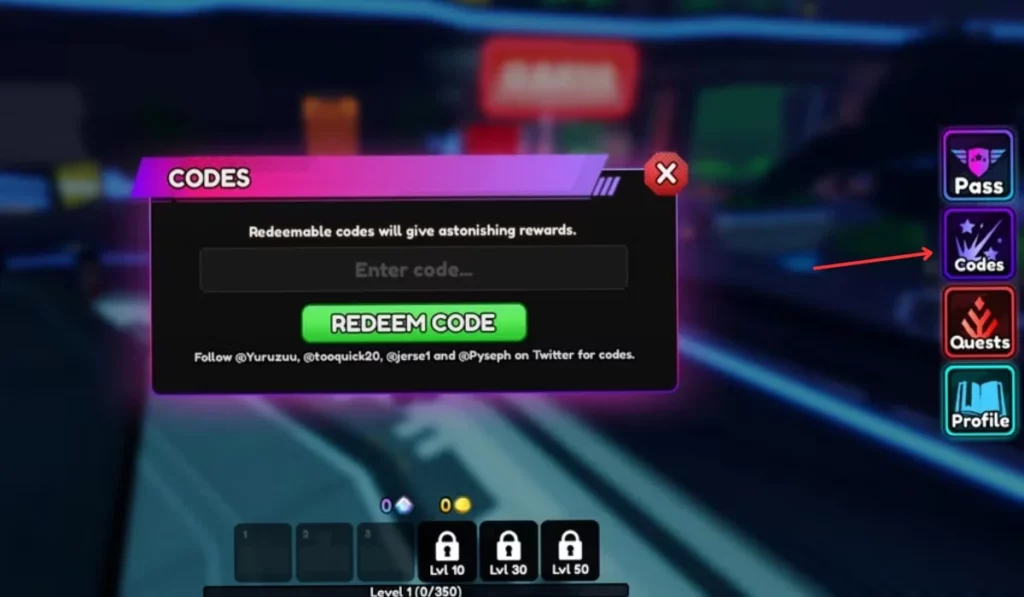 Anime Vanguards redeem section in Roblox, showing the 'Codes' button to enter and redeem active codes.